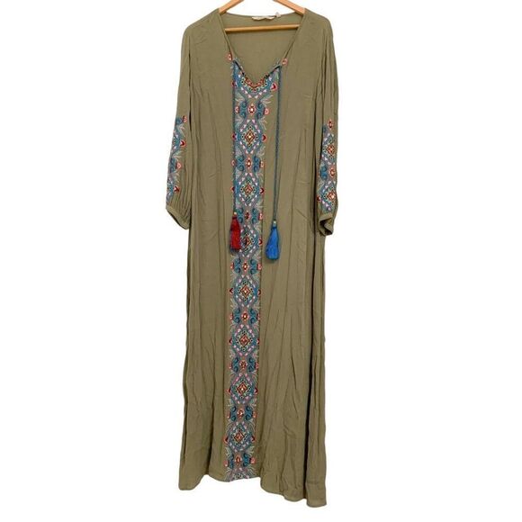 Soft Surroundings L boho loose fit embroidered long sleeves maxi dress tassels - Picture 1 of 9